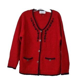 Vintage 90s JANSEN Womens Wool Blend Cardigan Medium Red Beaded Floral Holiday